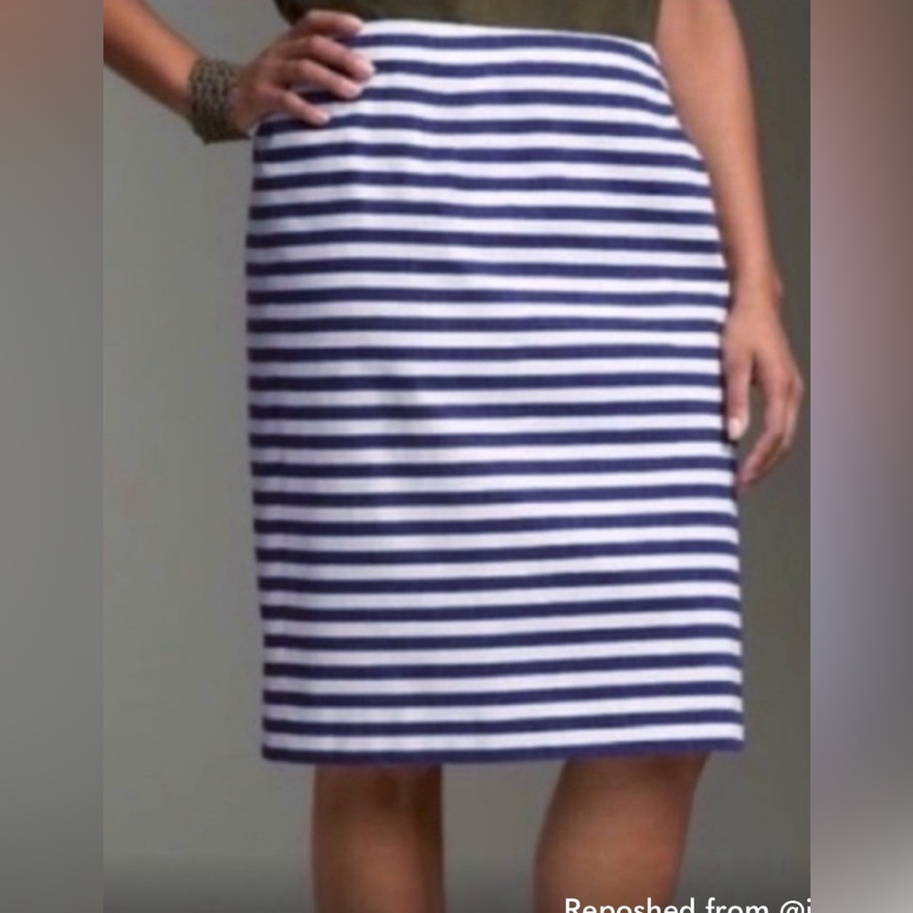 Talbots 14p Striped Navy blue White coastal Midi Preppy Skirt pencil knee length